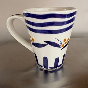 California Pantry 1999 Classic Ceramics Hand Painted Blue Striped Floral Mug 5in